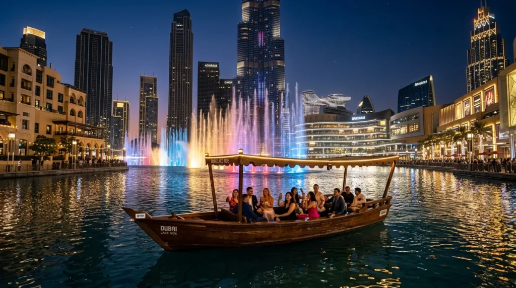 Traditional wooden abra boat on Burj Lake during the Dubai Fountain show with colorful water jets and Downtown Dubai skyline at night.