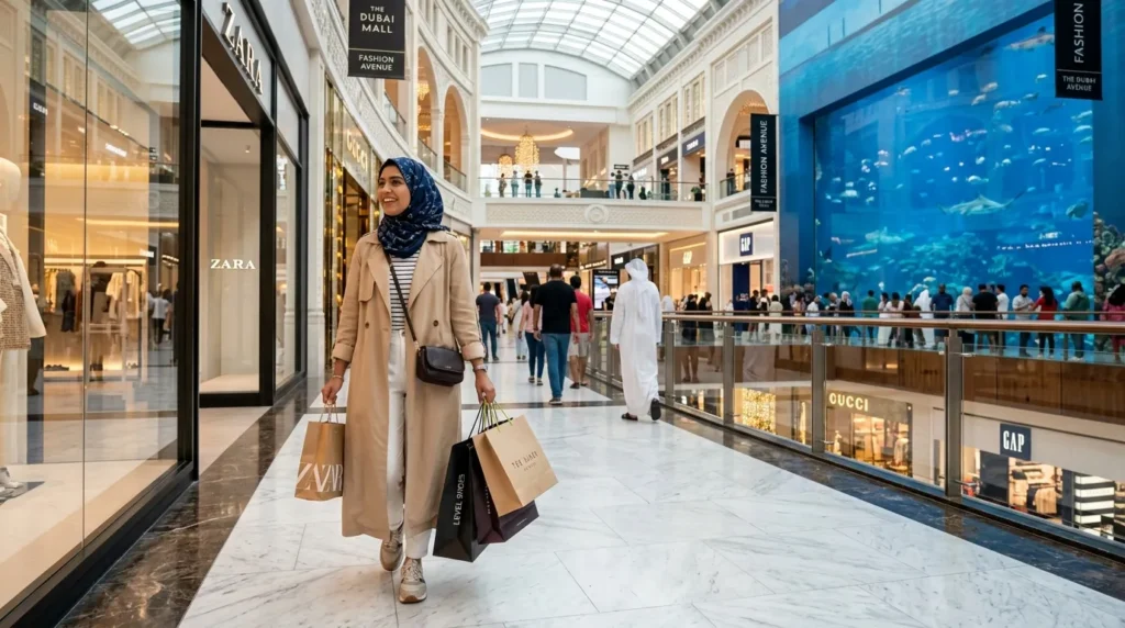 Tourist doing shopping in Ramadan in hijab