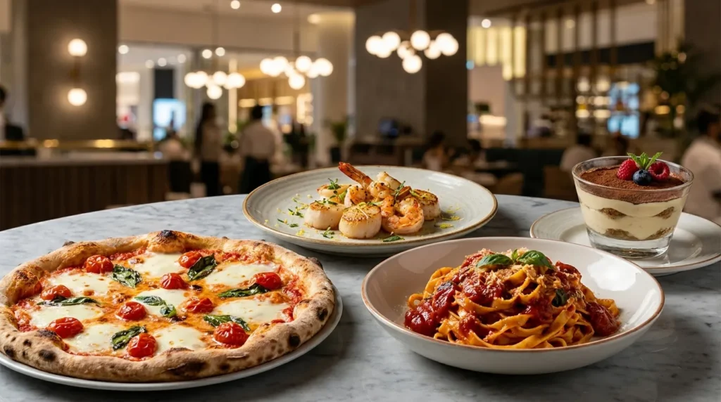 Eataly Dubai Mall pizza pasta seafood and tiramisu dishes