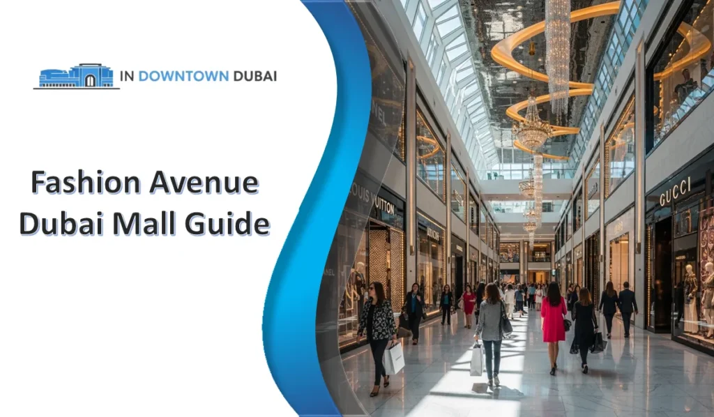 Luxury shopping corridor at Fashion Avenue Dubai Mall with high-end fashion stores