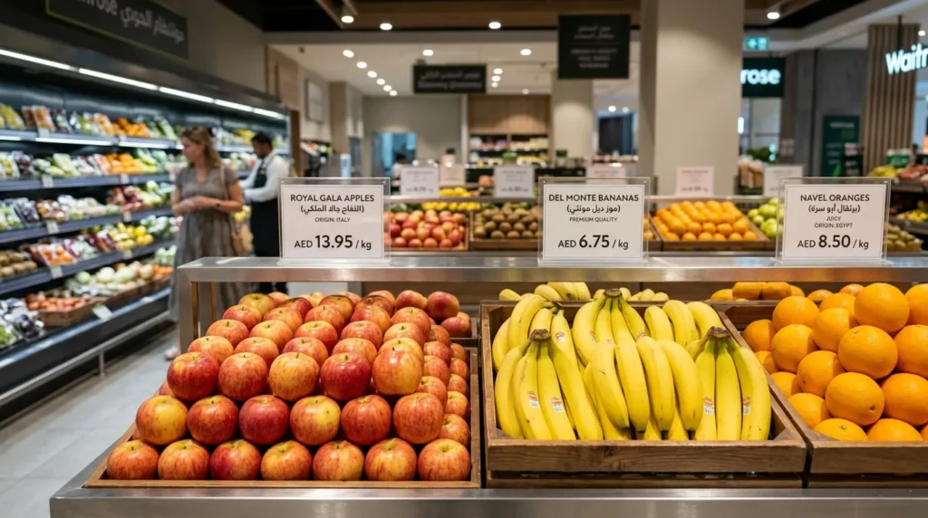 Grandiose Supermarket Dubai Mall fresh fruits display with AED price tags apples bananas oranges