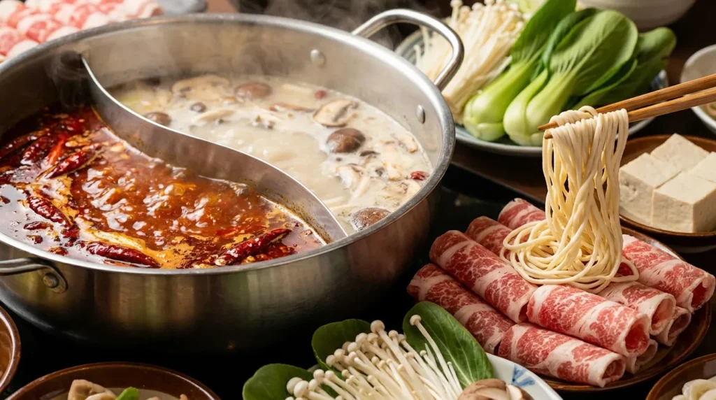 Haidilao Dubai Mall hot pot with noodles beef slices and vegetables