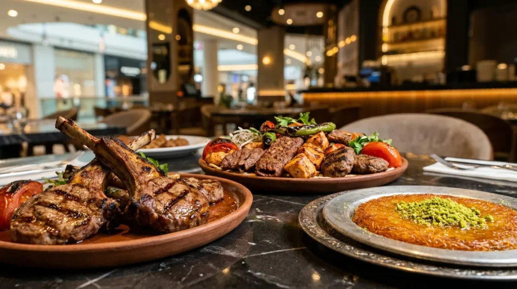 HuQQa Dubai Mall mixed grill platter lamb chops kebabs and kunafa dessert