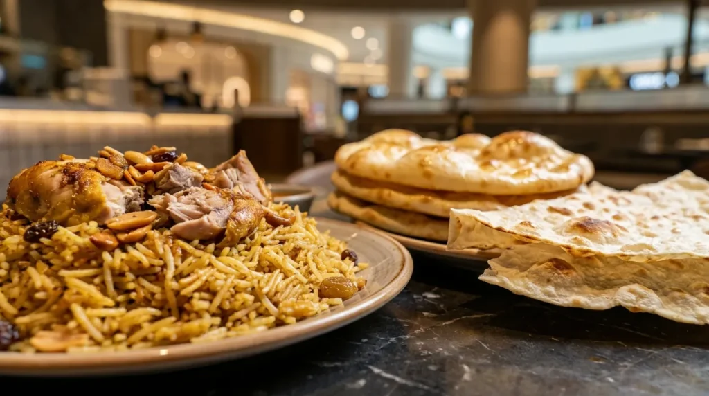 Logma Dubai Mall chicken machboos with khameer bread and regag