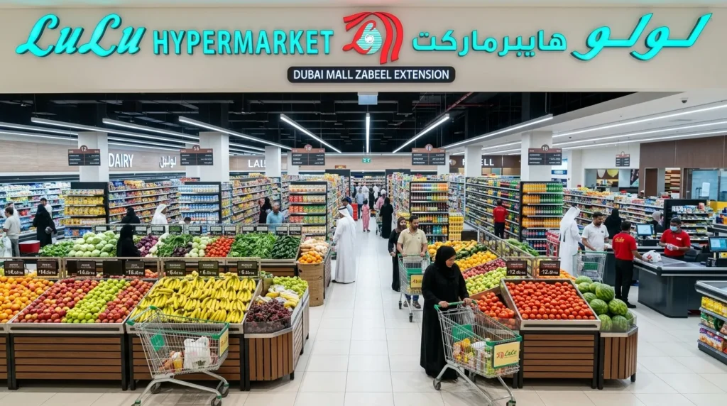 LuLu Hypermarket Dubai Mall Zabeel Extension fresh fruits vegetables and grocery aisles with AED prices