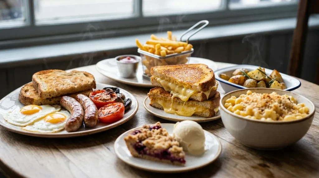 Markette Dubai Mall breakfast with eggs sausages grilled sandwich fries and desserts
