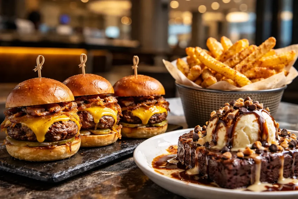 Parkers Dubai Mall mini sliders fries and chocolate dessert