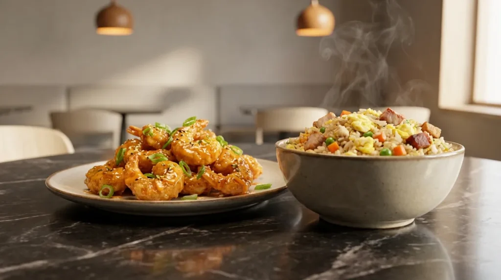 P.F. Changs Dubai Mall dynamite shrimp and fried rice dishes
