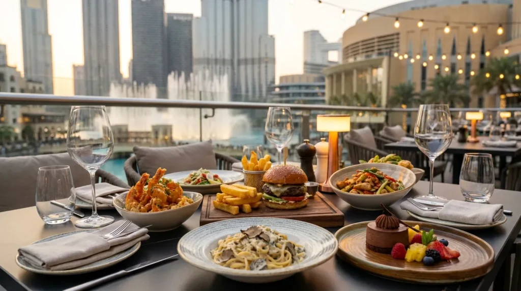 Social House Dubai Mall outdoor dining with burger pasta dynamite shrimp and fountain view