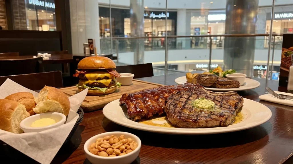 Texas Roadhouse Dubai Mall steak ribs burger and bread rolls