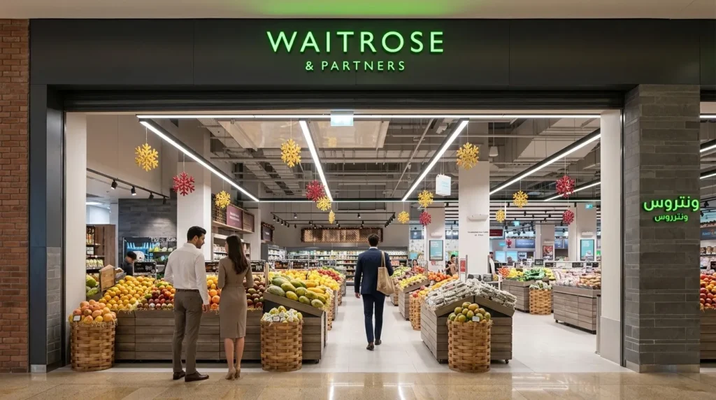 Waitrose supermarket Dubai Mall entrance with fresh fruits and grocery section