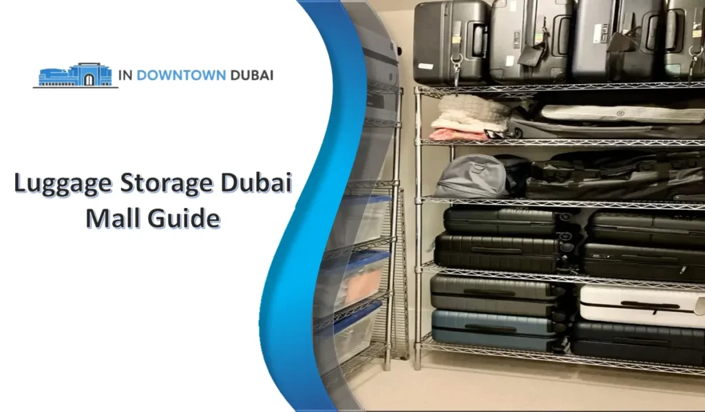 Travel suitcases stored on shelves at luggage storage service inside Dubai Mall