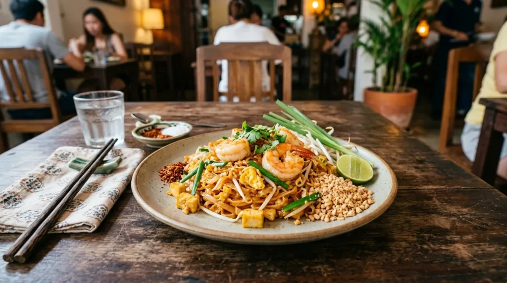 Pad Thai noodles with shrimp served in a restaurant at Dubai Mall