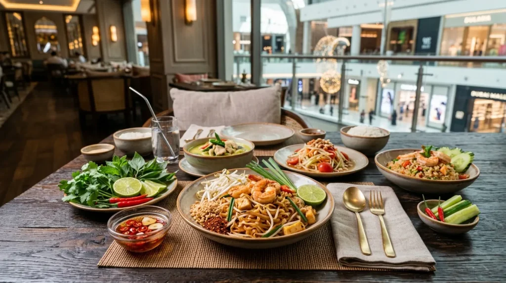 Thai food dishes including pad thai noodles, curry, and rice served in a Dubai Mall restaurant