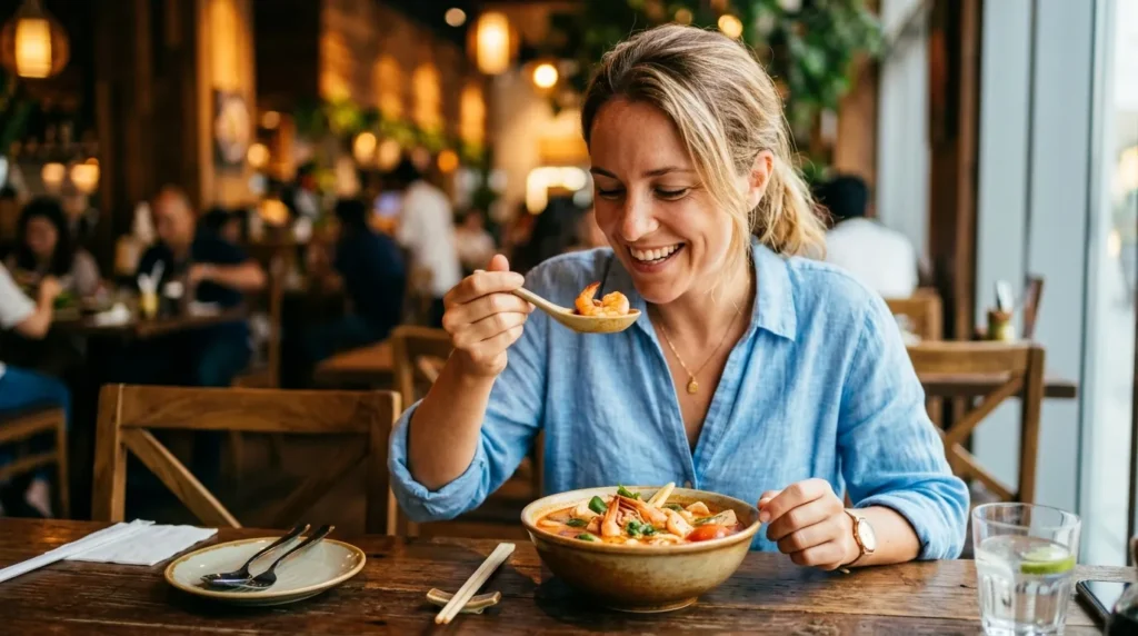 tourist eating tom yum soup at a thai restaurant in Dubai Mall