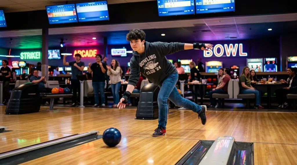 Teen bowling player releasing ball on lane in a modern indoor bowling alley with neon lights and arcade area