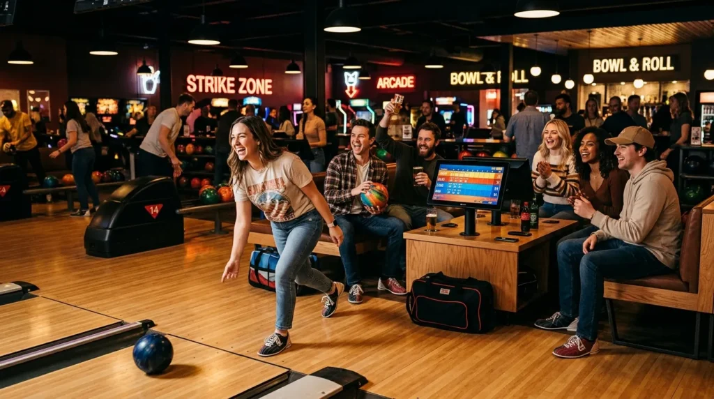 group of friends bowling together in indoor alley with arcade lights and score screen
