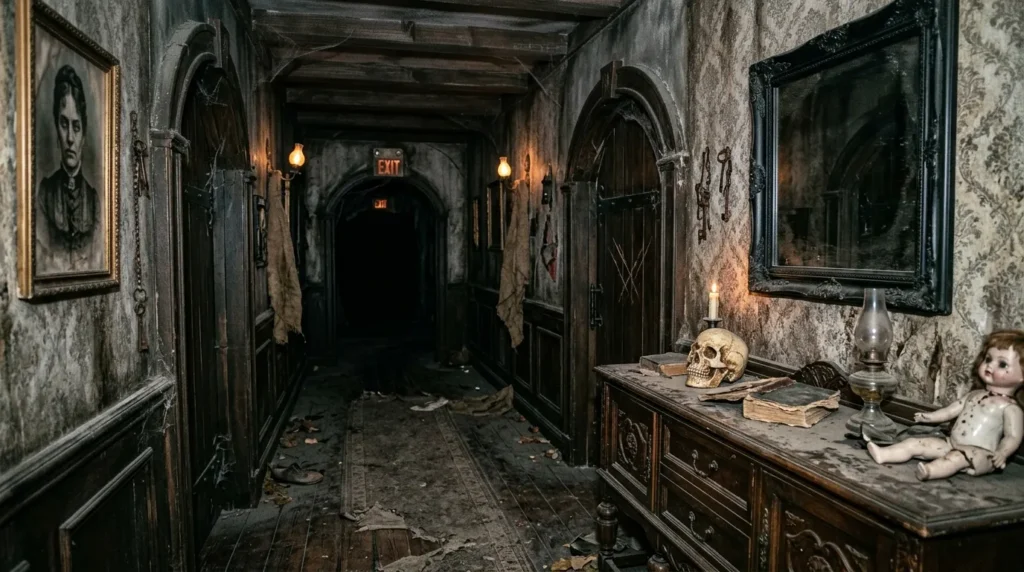 Dark haunted mansion hallway with antique furniture skull and dim lighting