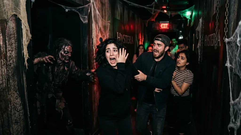 Visitors reacting in fear inside Hysteria Dubai Mall horror attraction with zombie actor