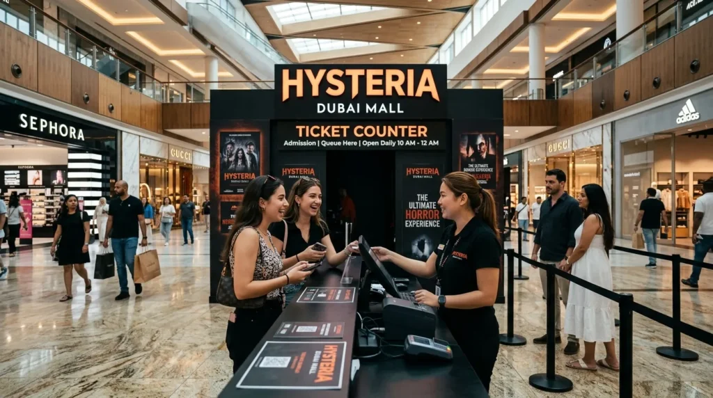 Hysteria Dubai Mall ticket counter with visitors buying entry tickets inside Dubai Mall