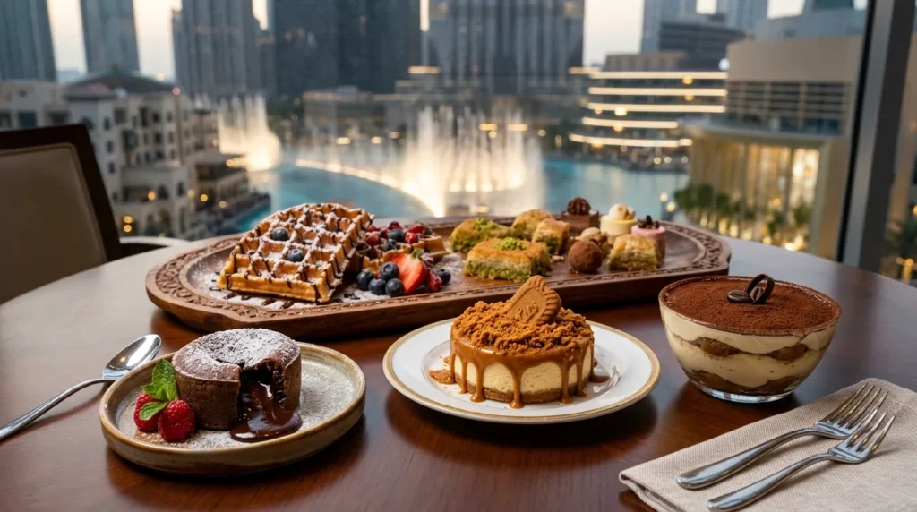 Amaya Dubai Mall desserts with Burj Khalifa fountain view including cheesecake fondant and tiramisu