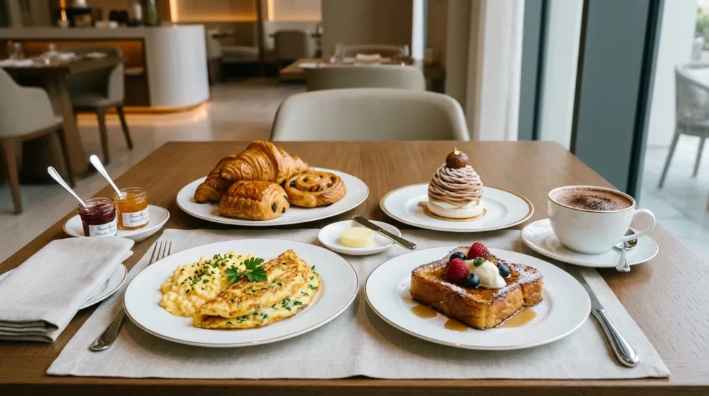 French breakfast at Angelina Dubai Mall with croissants, omelette, French toast, pastries, hot chocolate, and Mont Blanc dessert