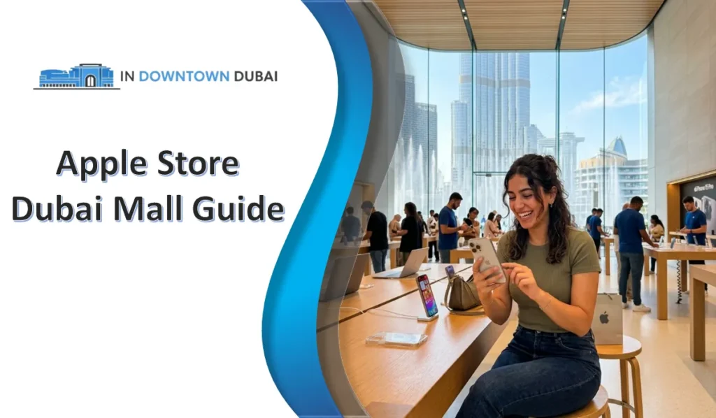 Apple Store Dubai Mall interior with visitors exploring devices and Dubai Fountain view