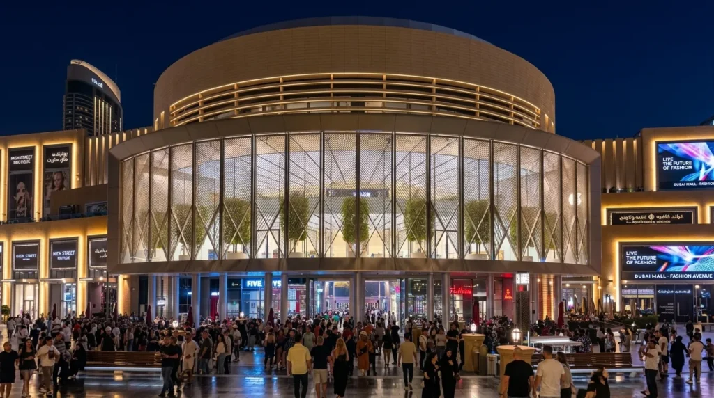 Apple Store Dubai Mall exterior view near fountain side entrance at night