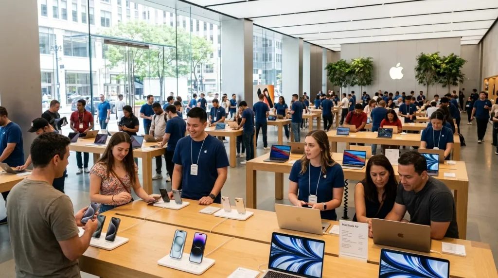 Customers exploring iPhones and MacBooks inside Apple Store Dubai Mall