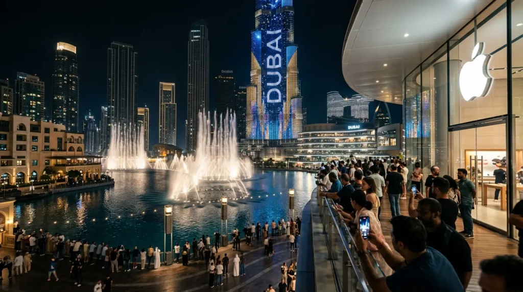 Dubai Fountain view from Apple Store Dubai Mall terrace with Burj Khalifa at night