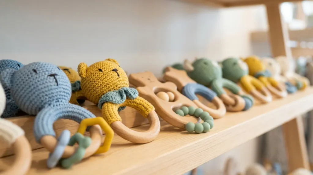 Baby rattles and wooden teething toys displayed at Babyshop Dubai Mall