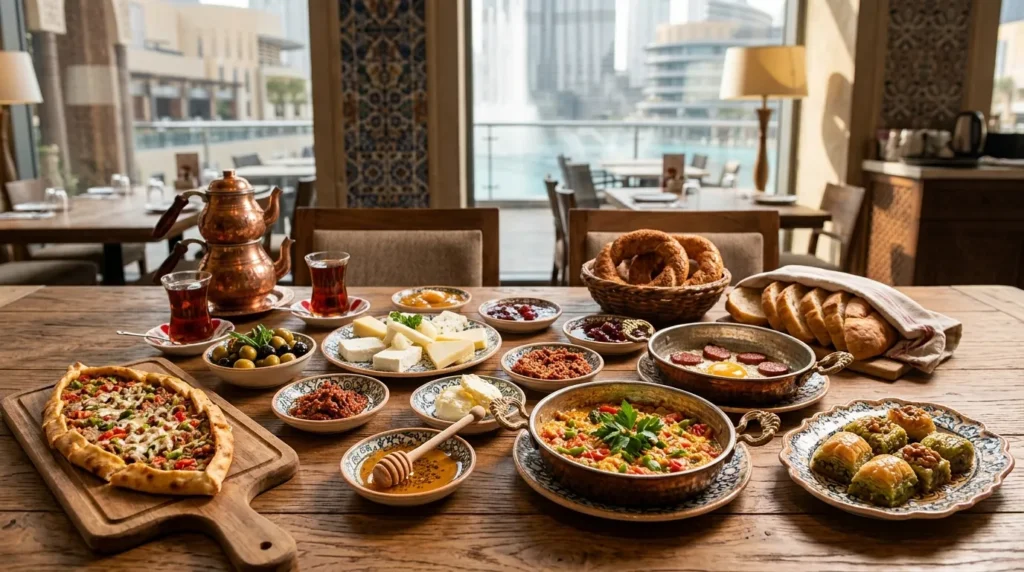Turkish breakfast at Bosporus Dubai Mall with cheese, olives, menemen, sucuk eggs, simit, tea, pide, and baklava