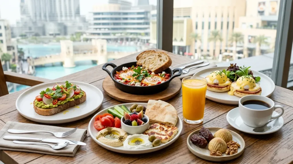 Healthy breakfast at Cafe Bateel Dubai Mall with avocado toast, shakshouka, eggs Benedict, fresh juice, coffee, and date dessert