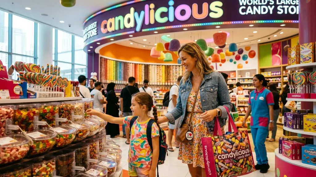 Mother and child buying candy at Candylicious Dubai Mall with colorful pick and mix section