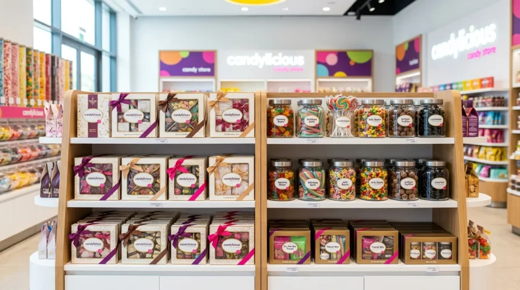 Candy gift boxes display inside Candylicious Dubai Mall gift section