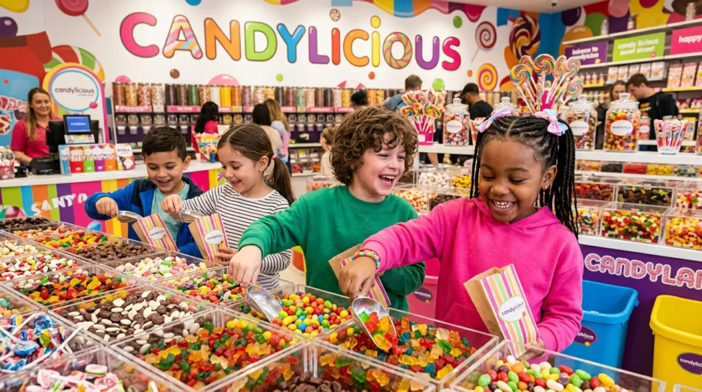 Kids enjoying pick and mix candy section in Candylicious Dubai Mall