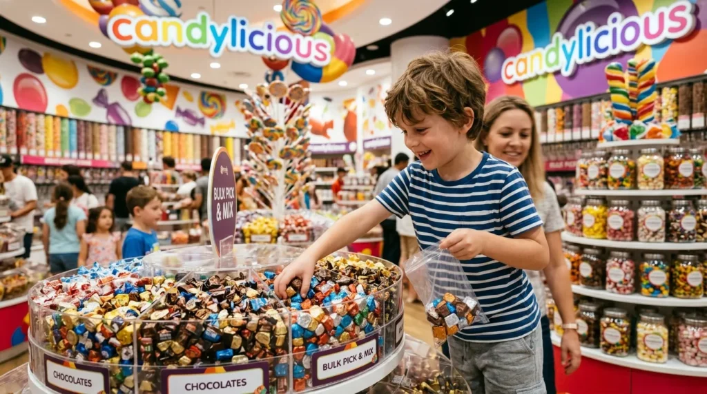 Kid picking chocolates from pick and mix section at Candylicious Dubai Mall
