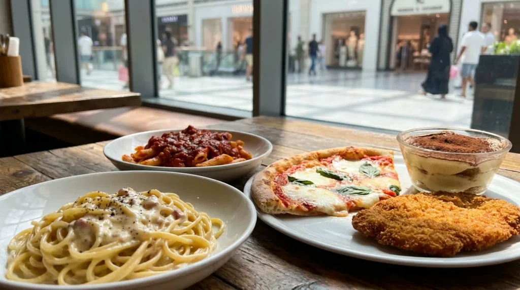 Carluccio’s Italian meal with creamy spaghetti carbonara, penne pasta, margherita pizza, tiramisu, and crispy chicken in a casual dining setting