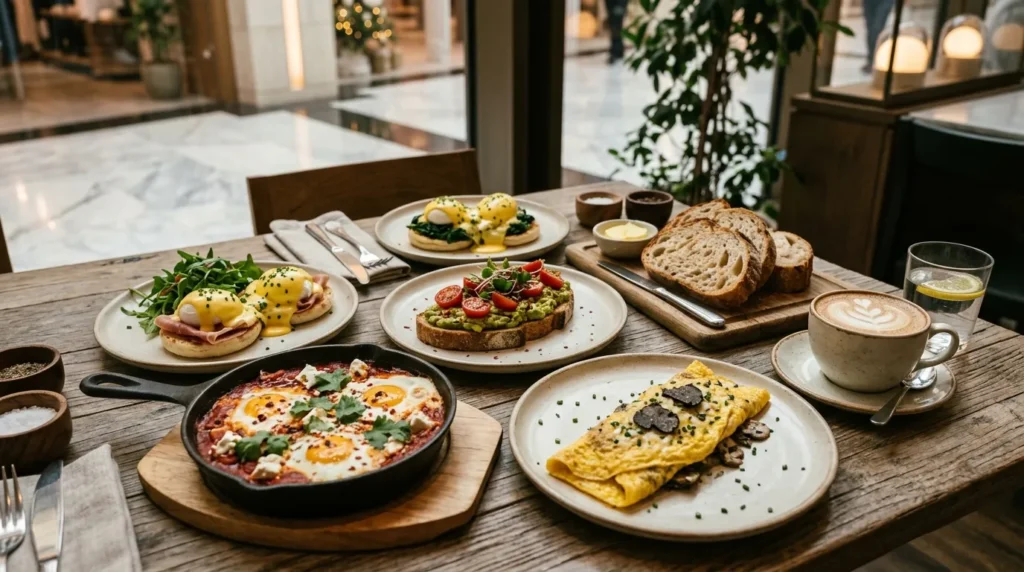 Italian breakfast at Carluccios Dubai Mall with eggs Benedict, eggs Florentine, avocado toast, shakshouka, and coffee