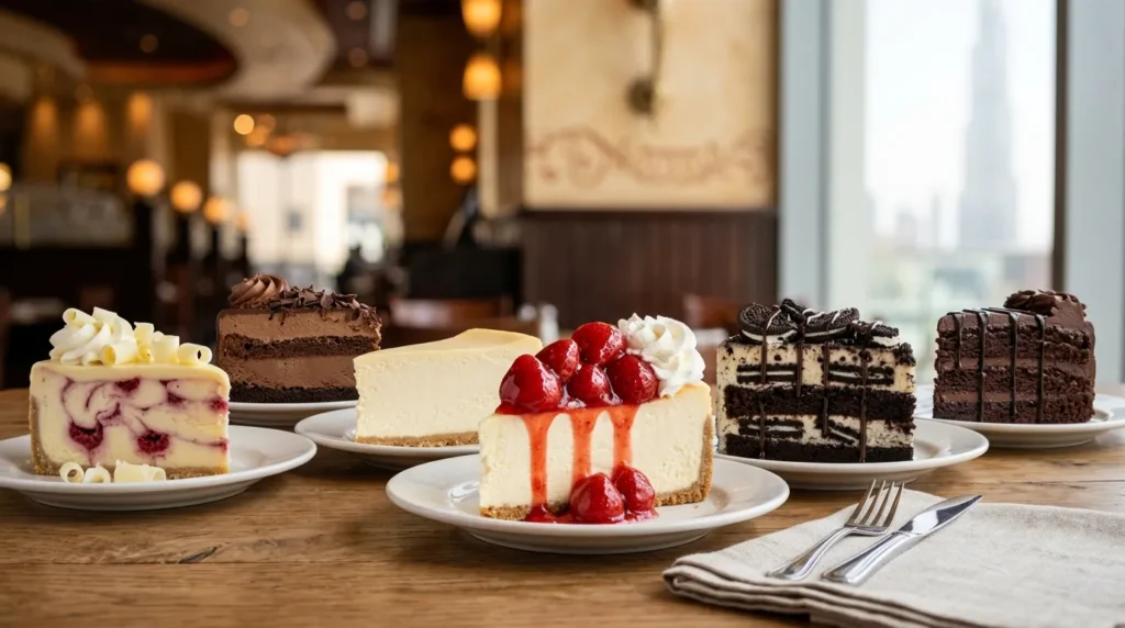 The Cheesecake Factory Dubai Mall cheesecake slices with strawberry Oreo and chocolate flavors