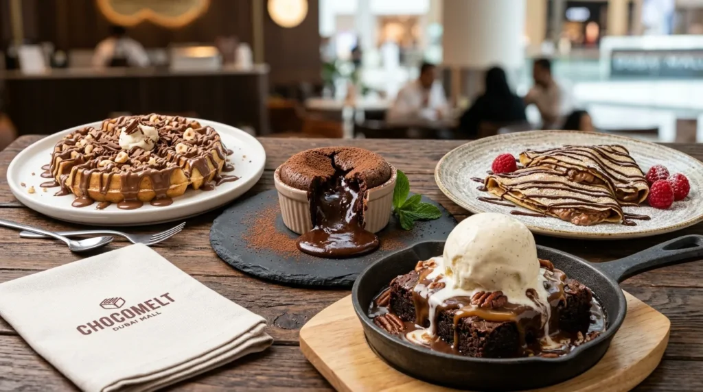 Chocomelt Dubai Mall molten cake waffle crepes and brownie skillet with ice cream