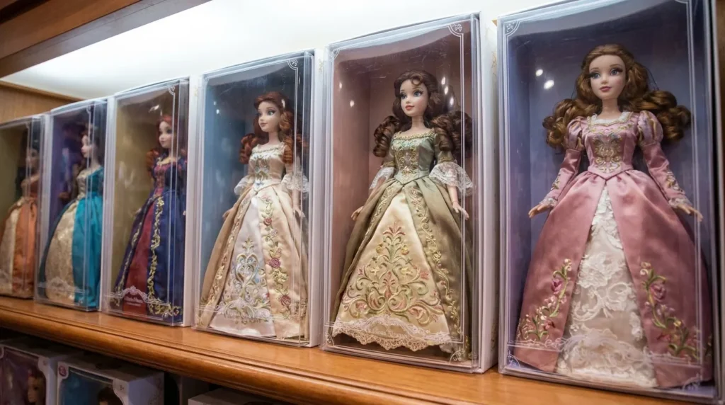 Disney princess dolls in detailed dresses displayed at Disney Store Dubai Mall