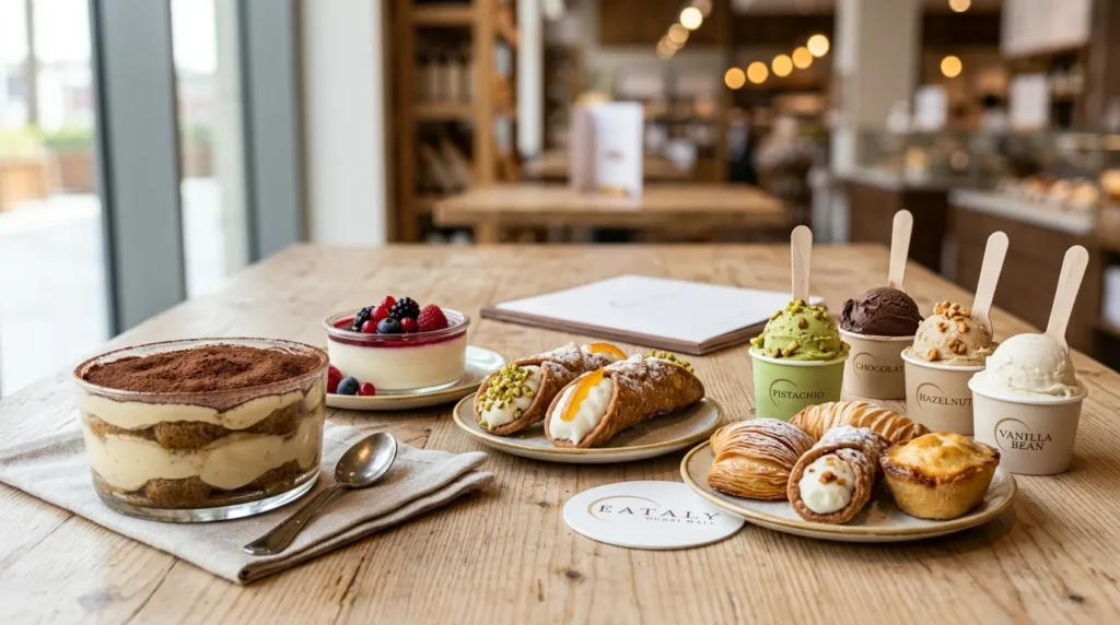 Eataly Dubai Mall Italian desserts with tiramisu cannoli panna cotta and gelato