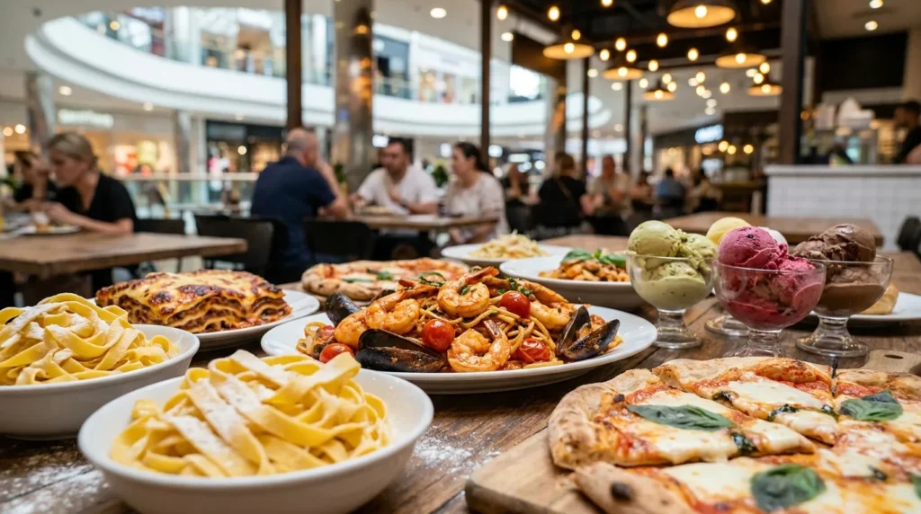 Eataly Italian dining spread with seafood pasta, lasagna, fresh tagliatelle, pizza, and gelato in a lively mall restaurant