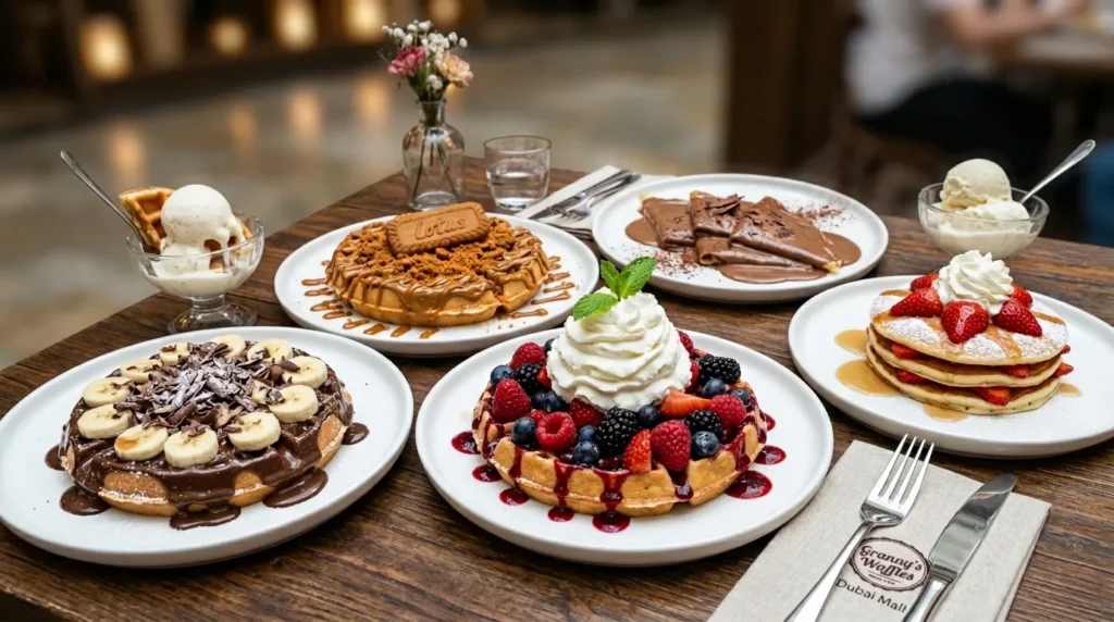 Granny’s Waffles Dubai Mall berry waffle banana chocolate waffle pancakes and crepes