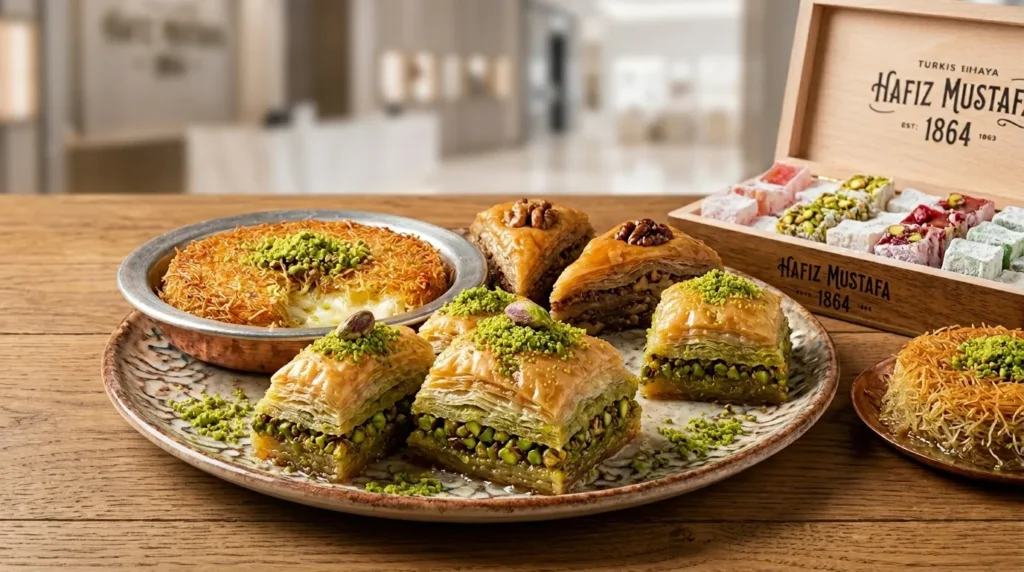 Hafiz Mustafa 1864 Dubai Mall baklava pistachio kunafa and Turkish delight platter
