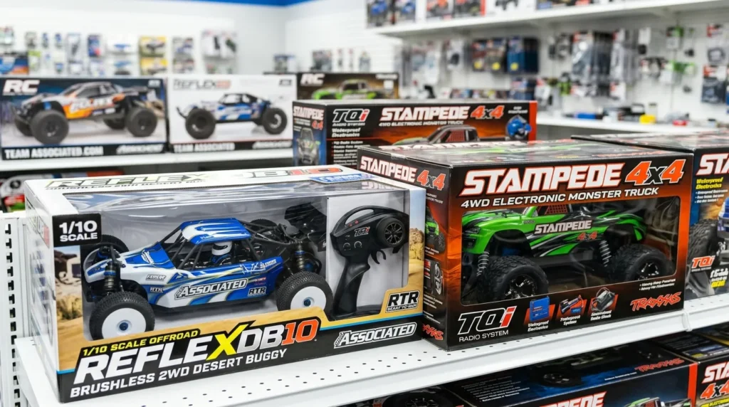 Remote control cars and RC trucks on display at Hamleys Dubai Mall toy store