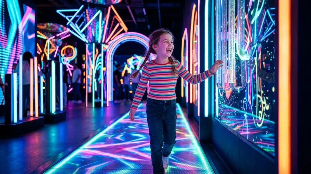Smiling child enjoying colorful immersive space at House of Hype Dubai
