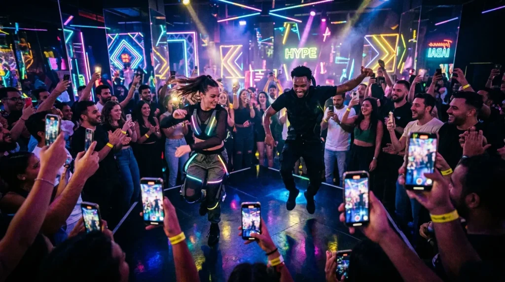 Live performance at House of Hype Dubai with dancers and crowd recording on phones