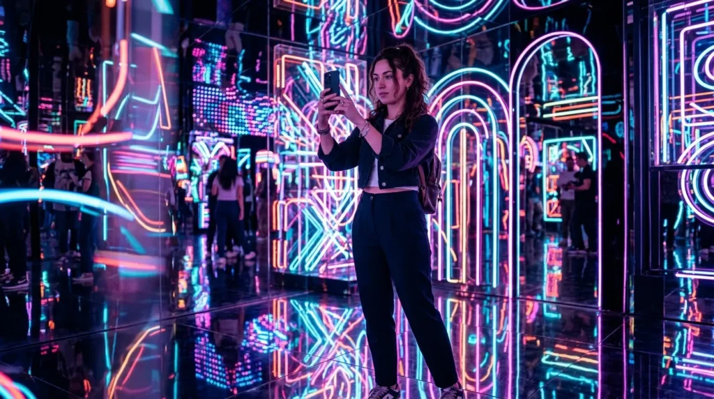 A Girltaking photos inside neon immersive room at House of Hype Dubai